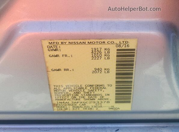 1N4AL3APXGC293378 2016 NISSAN ALTIMA Silver Вид наклейки з VIN-кодом