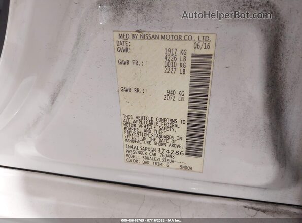 1N4AL3APXGN374286 2016 NISSAN ALTIMA White Vista del compartimento del motor