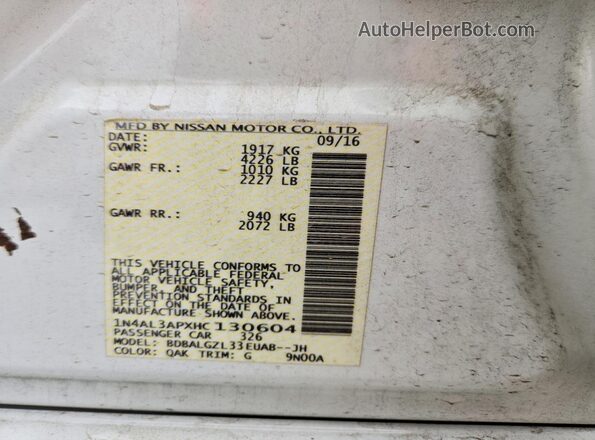1N4AL3APXHC130604 2017 NISSAN ALTIMA White Vista de la etiqueta del VIN