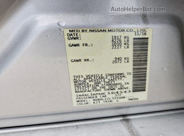 1N4AL3APXHC164543 2017 NISSAN ALTIMA Silver VIN կոդի պիտակի տեսք