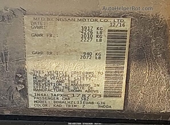 1N4AL3APXHC178703 2017 NISSAN ALTIMA Gray Vista del compartimento del motor