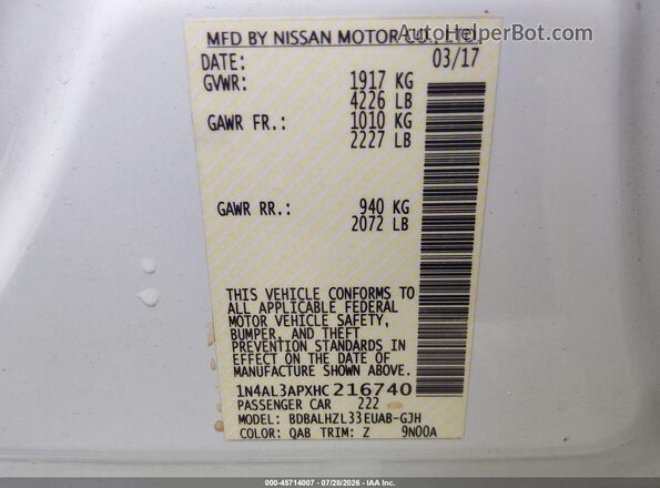 1N4AL3APXHC216740 2017 NISSAN ALTIMA White Շարժիչի բաժամունքի տեսք