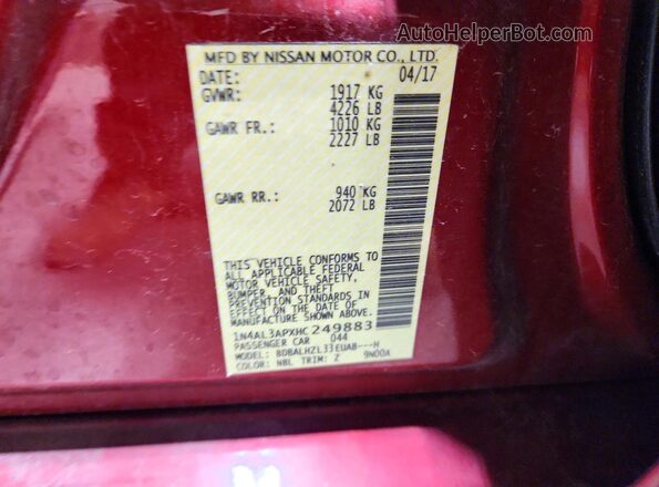 1N4AL3APXHC249883 2017 NISSAN ALTIMA Red Շարժիչի բաժամունքի տեսք