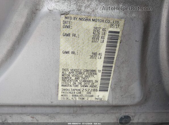 1N4AL3APXHC257286 2017 NISSAN ALTIMA Silver Vista del compartimento del motor