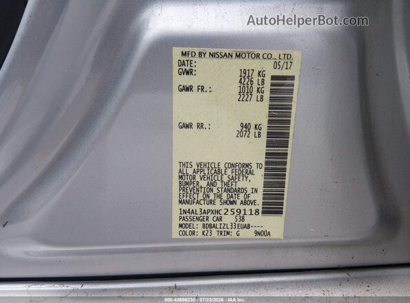 1N4AL3APXHC259118 2017 NISSAN ALTIMA Silver Շարժիչի բաժամունքի տեսք