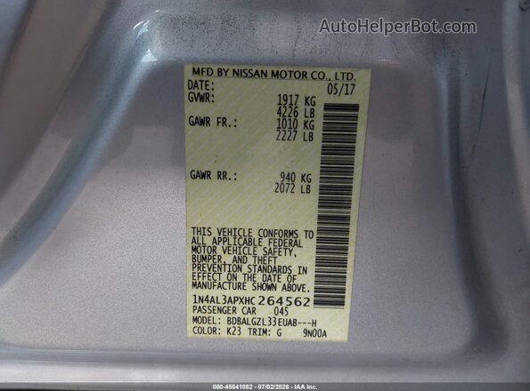 1N4AL3APXHC264562 2017 NISSAN ALTIMA Silver Vista del compartimento del motor