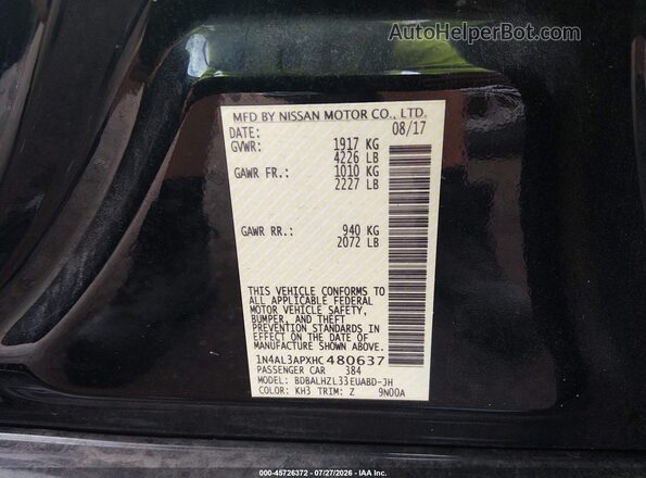 1N4AL3APXHC480637 2017 NISSAN ALTIMA Black Widok komory silnika