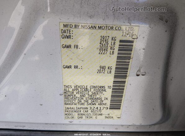 1N4AL3APXHN324179 2017 NISSAN ALTIMA White ძრავის განყოფილების ხედი