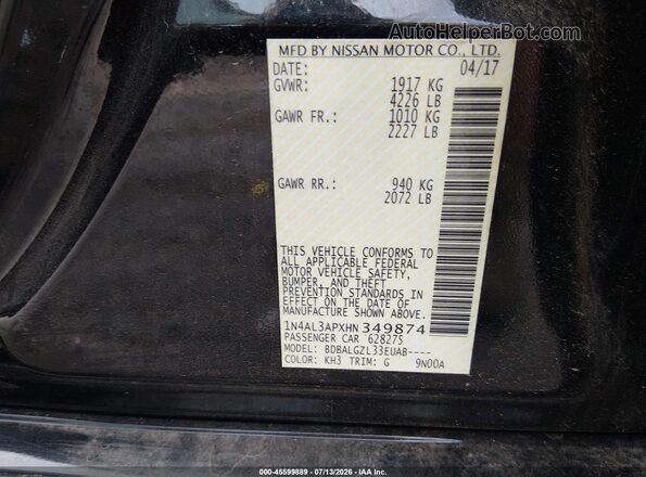 1N4AL3APXHN349874 2017 NISSAN ALTIMA Черный Вид подкапотного пространства
