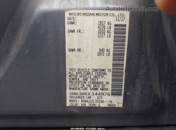 1N4AL3APXJC144976 2018 NISSAN ALTIMA Gray ძრავის განყოფილების ხედი