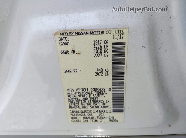 1N4AL3APXJC148011 2018 NISSAN ALTIMA Белый Вид подкапотного пространства
