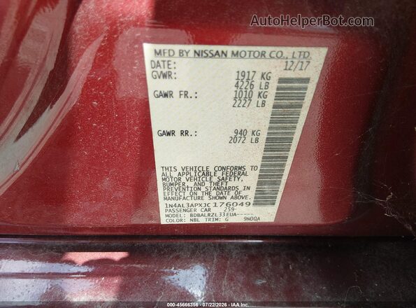 1N4AL3APXJC176049 2018 NISSAN ALTIMA Red ძრავის განყოფილების ხედი
