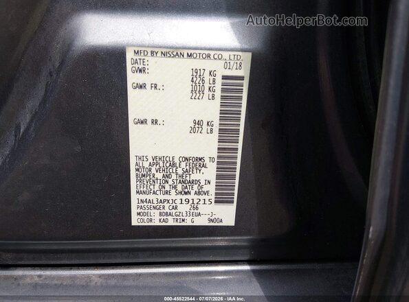 1N4AL3APXJC191215 2018 NISSAN ALTIMA Gray Շարժիչի բաժամունքի տեսք