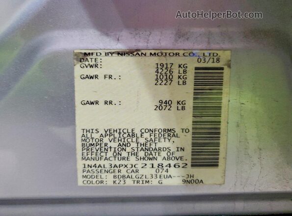 1N4AL3APXJC218462 2018 NISSAN ALTIMA Серебряный Вид подкапотного пространства