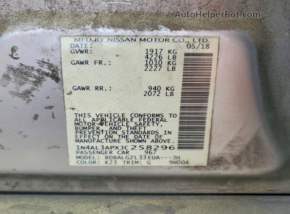 1N4AL3APXJC258296 2018 NISSAN ALTIMA Silver Շարժիչի բաժամունքի տեսք