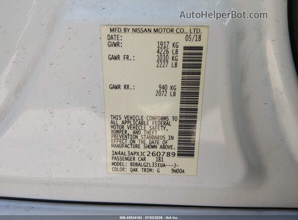 1N4AL3APXJC260789 2018 NISSAN ALTIMA White Engine compartment view