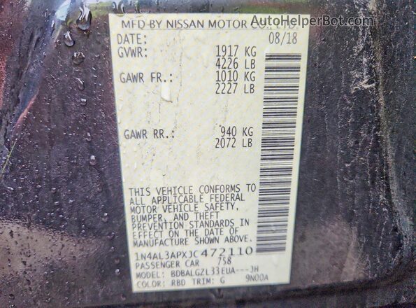 1N4AL3APXJC472110 2018 NISSAN ALTIMA Gray Vista de la etiqueta del VIN