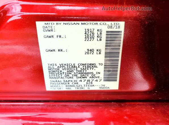 1N4AL3APXJC478747 2018 NISSAN ALTIMA Red Vista del compartimento del motor