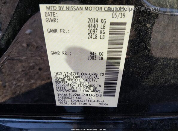 1N4AL4CV2KC240605 2019 NISSAN ALTIMA Black Vista del compartimento del motor