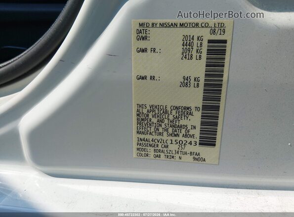 1N4AL4CV2LC150243 2020 NISSAN ALTIMA White Widok komory silnika