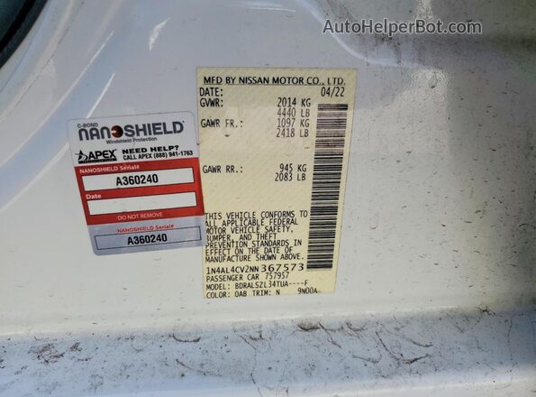 1N4AL4CV2NN367573 2022 NISSAN ALTIMA White VIN կոդի պիտակի տեսք