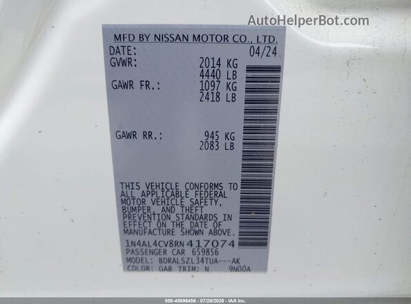 1N4AL4CV8RN417074 2024 NISSAN ALTIMA White Vista del compartimento del motor