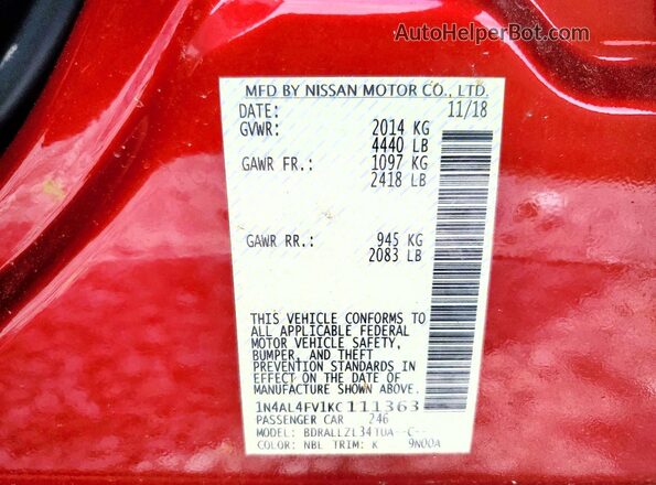 1N4AL4FV1KC111363 2019 NISSAN ALTIMA Темно-бордовый Вид подкапотного пространства