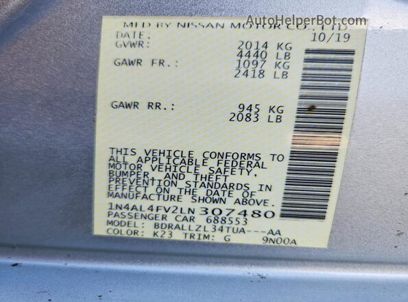 1N4AL4FV2LN307480 2020 NISSAN ALTIMA Silver Շարժիչի բաժամունքի տեսք