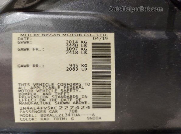 1N4AL4FV5KC227424 2019 NISSAN ALTIMA Silver Вид підкапотного простору