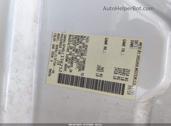 1N4AL4FV6LC156252 2020 NISSAN ALTIMA White Vista del compartimento del motor
