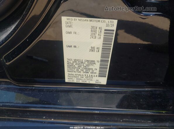 1N4AL4FV6LN311614 2020 NISSAN ALTIMA Black Widok komory silnika