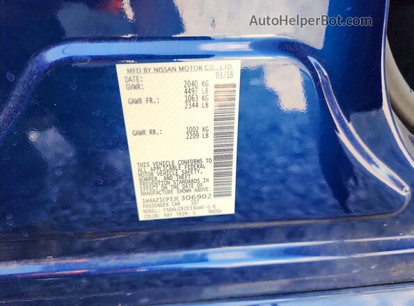 1N4AZ1CP3JC306902 2018 NISSAN LEAF Blue Widok komory silnika