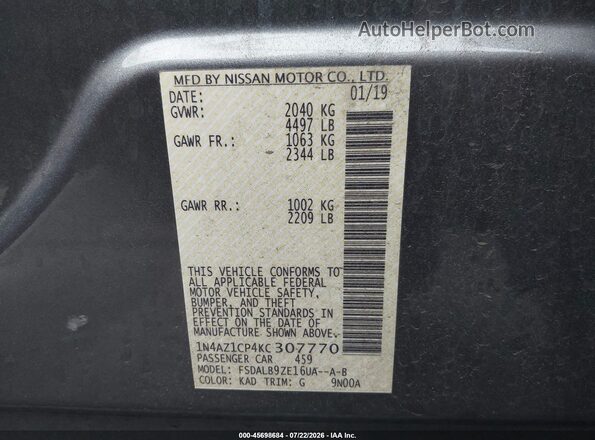 1N4AZ1CP4KC307770 2019 NISSAN LEAF Gray ძრავის განყოფილების ხედი