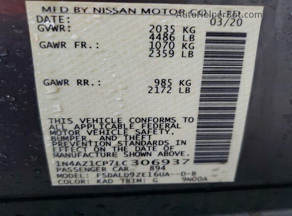 1N4AZ1CP7LC306937 2020 NISSAN LEAF Gray VIN կոդի պիտակի տեսք
