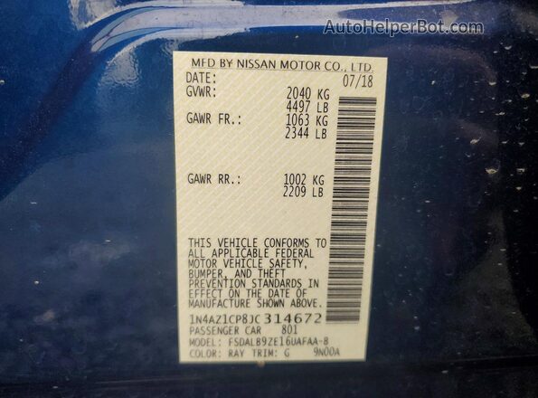 1N4AZ1CP8JC314672 2018 NISSAN LEAF Blue Vista del compartimento del motor
