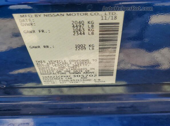 1N4AZ1CPXKC305702 2019 NISSAN LEAF Blue Widok naklejki z numerem VIN