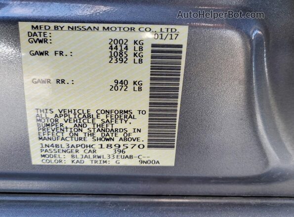 1N4BL3AP0HC189570 2017 NISSAN ALTIMA Gray Вид наклейки з VIN-кодом