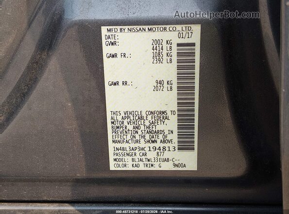 1N4BL3AP3HC194813 2017 NISSAN ALTIMA Gray ძრავის განყოფილების ხედი