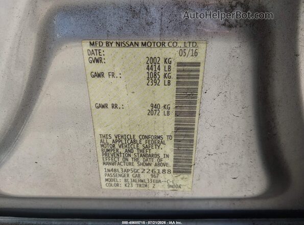1N4BL3AP5GC226188 2016 NISSAN ALTIMA Silver ძრავის განყოფილების ხედი