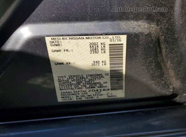 1N4BL3AP7GC204189 2016 NISSAN ALTIMA Серый Вид подкапотного пространства