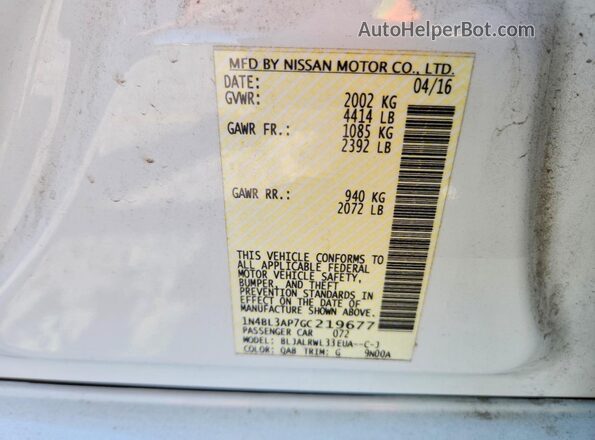1N4BL3AP7GC219677 2016 NISSAN ALTIMA White ძრავის განყოფილების ხედი