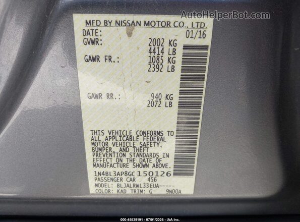 1N4BL3AP8GC150126 2016 NISSAN ALTIMA Gray Vista del compartimento del motor