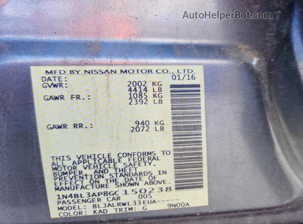 1N4BL3AP8GC150238 2016 NISSAN ALTIMA Серый Вид наклейки с VIN-кодом