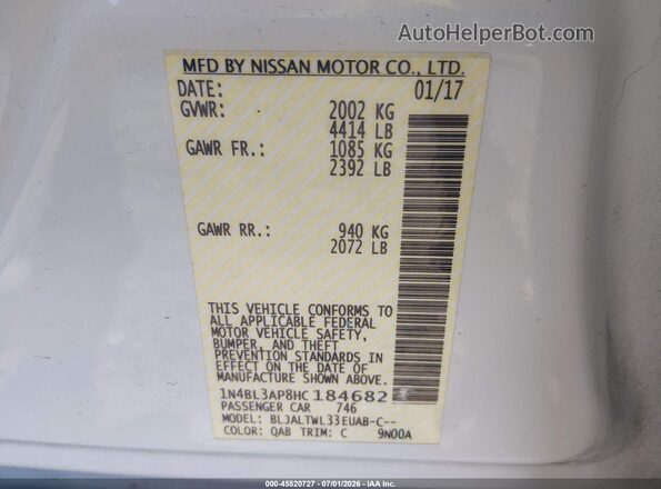 1N4BL3AP8HC184682 2017 NISSAN ALTIMA White ძრავის განყოფილების ხედი