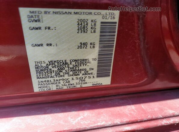 1N4BL3AP9GC150751 2016 NISSAN ALTIMA Red Engine compartment view