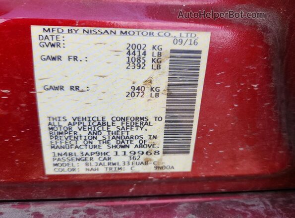 1N4BL3AP9HC119968 2017 NISSAN ALTIMA Red VIN կոդի պիտակի տեսք