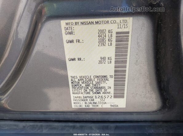 1N4BL3APXGC126572 2016 NISSAN ALTIMA Gray Շարժիչի բաժամունքի տեսք