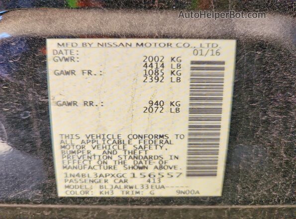 1N4BL3APXGC156557 2016 NISSAN ALTIMA Black Շարժիչի բաժամունքի տեսք