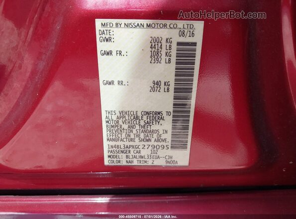 1N4BL3APXGC279095 2016 NISSAN ALTIMA Red Widok komory silnika
