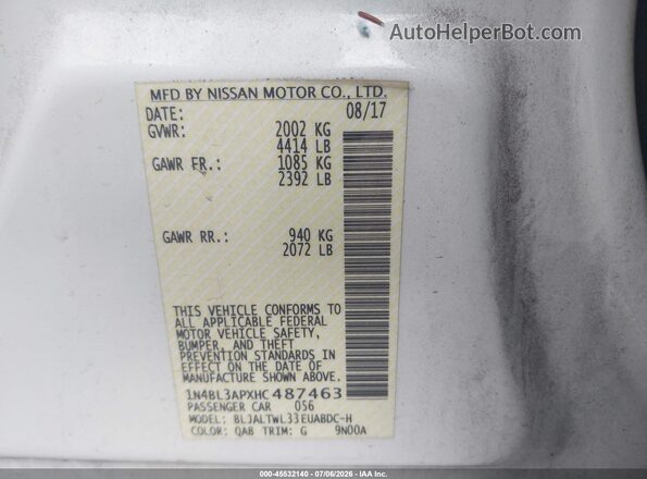 1N4BL3APXHC487463 2017 NISSAN ALTIMA White Widok komory silnika